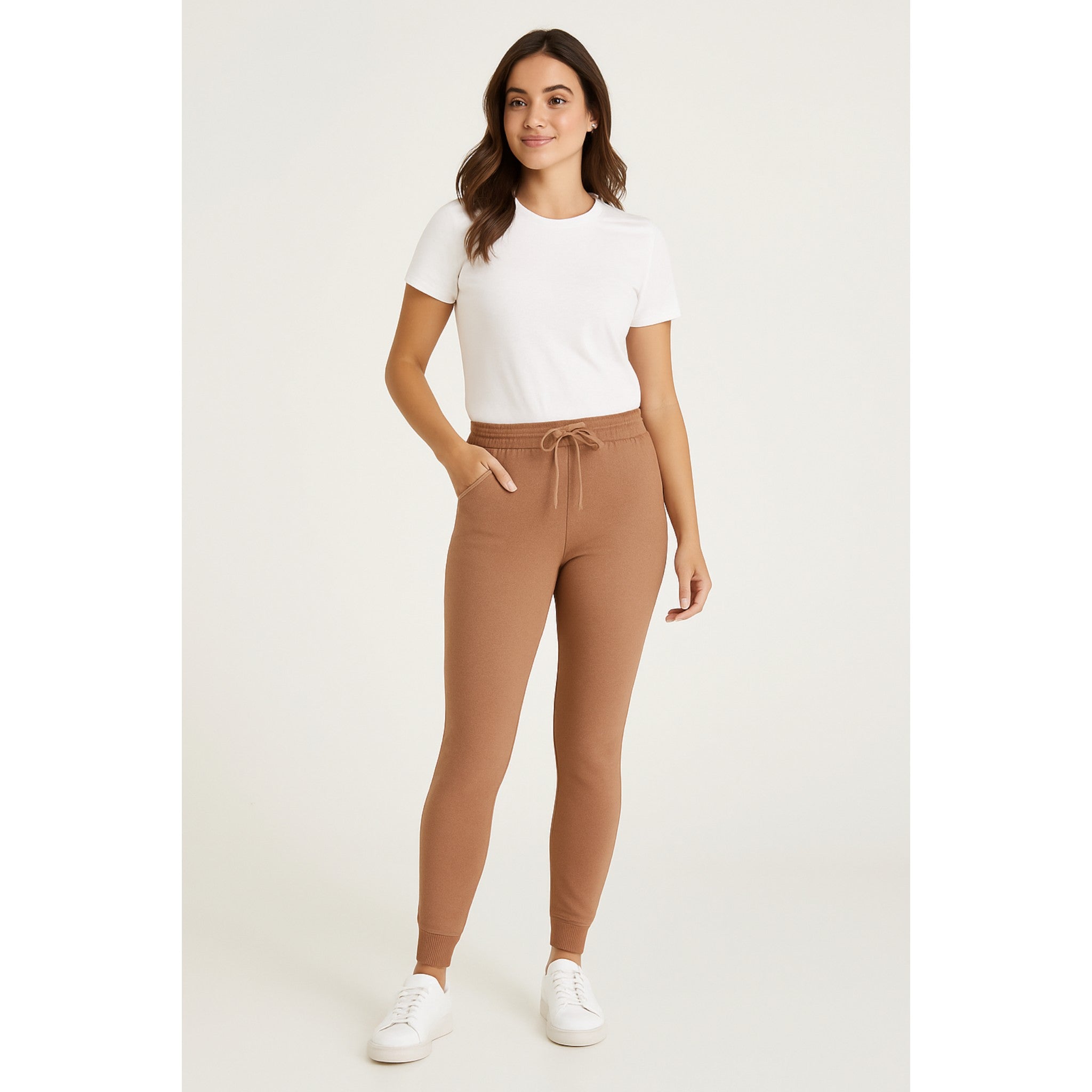 Ladies mushroom brown soft touch joggers with drawstring waist and cuffed ankles stylish loungewear trousers